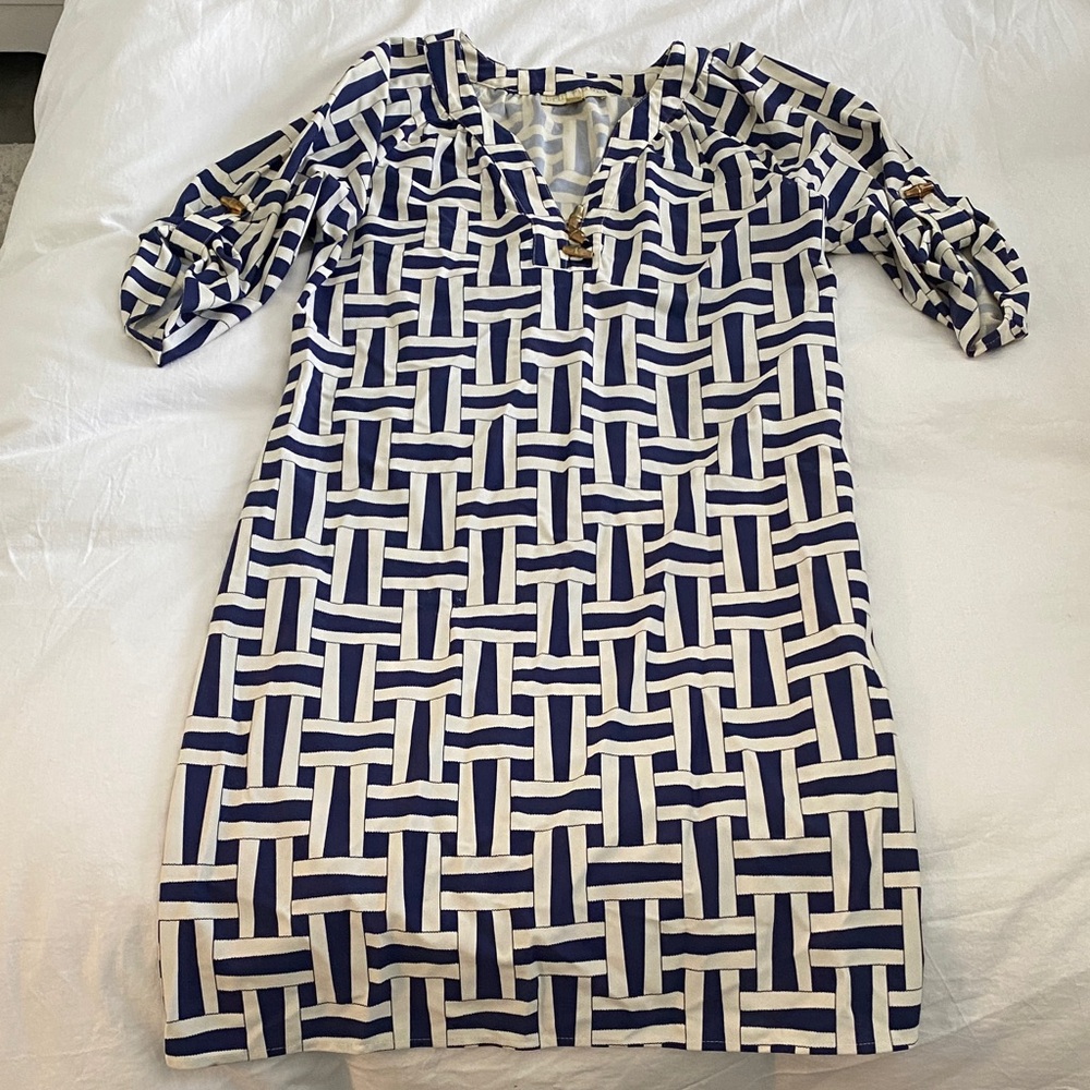 Blue and White Geometric Shift Dress - Women